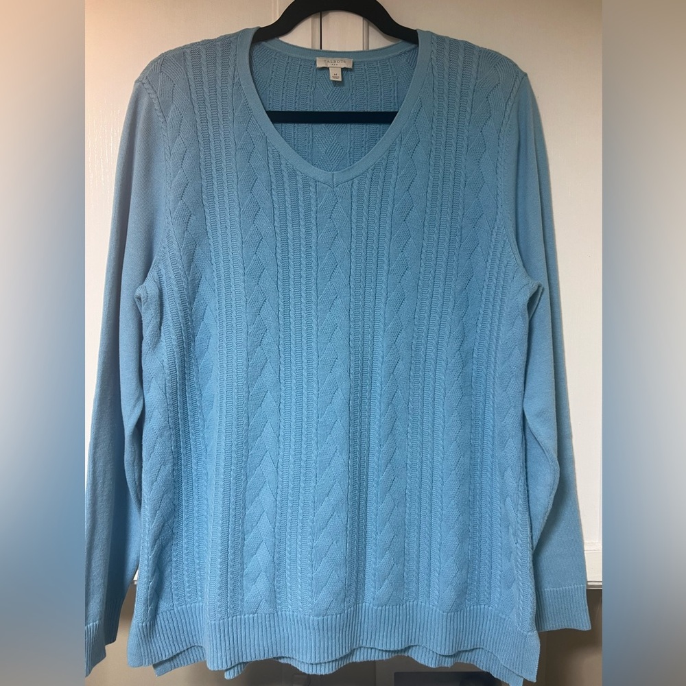 TALBOTS Women's Blue Cable Knit V-neck Sweater, Medium, Preppy, Coastal